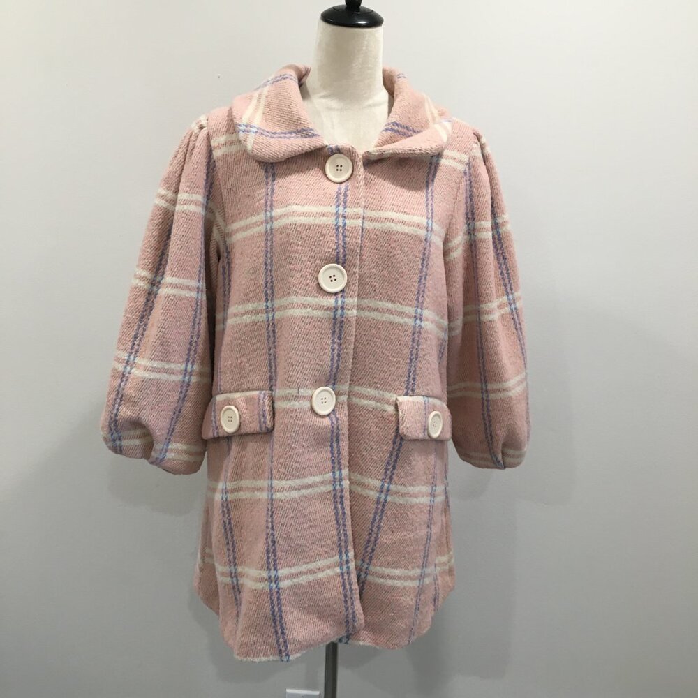 HAZEL Anthropologie MultiColor Plaid/Checks Bubble Sleeve Swing Coat Jacket - Picture 6 of 12